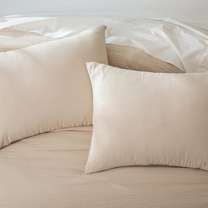 3 Pieces Beige Queen Comforter Set, Lightweight Double-Layer Crinkle Gauze All Season Soft Bedding (90x90 in Comforter & 2 Pillowcases)