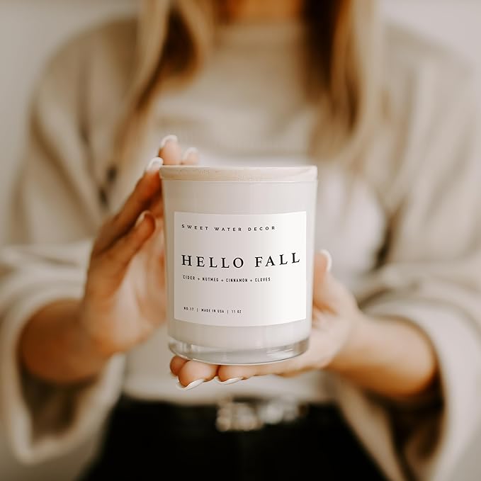 Sweet Water Decor Hello Fall Candle - Cinnamon Apples Cloves & Nutmeg Fall Scented Candle for Home Decor - 100% Cotton Wick Soy Wax Candles with 50 Hour Burn Time - Made in The USA - 11oz White Jar