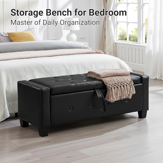48" Faux Leather Ottoman with Storage, Tufted Storage Ottoman Bench with Safety Hinge, Rectangular Extra Long Bench for Bedroom, Living Room, Entryway and Window, Black