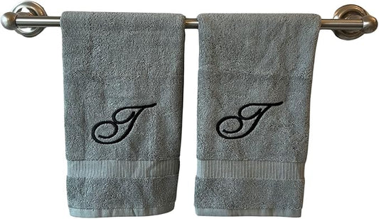 Gray Monogrammed Hand Towels for Bathroom - Luxury Hotel Quality Personalized Initial Embroidered Towel for Powder Room, Spa - GOTS Organic Certified - Set of 2 Black Letter T