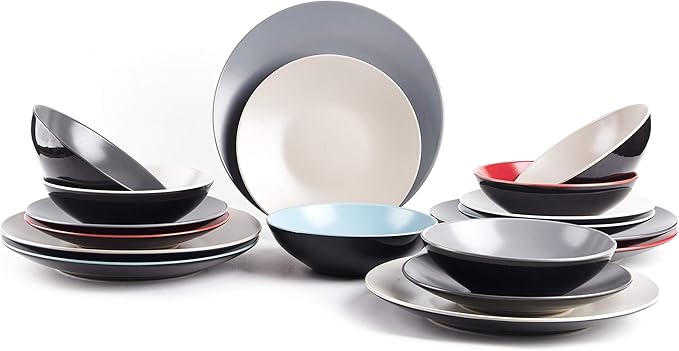 Colors Life 18pc Dinner Set，Very Cool - 6 Assorted Colors Cool Beige, Cool Grey, Light Grey, Frost Red,Turquoise and White