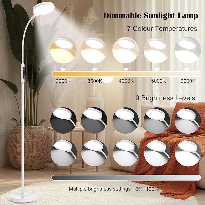 Light Therapy Lamp 11000 Lux, 3 in 1 UV-Free LED Sunlight Lamp with 9 Brightness Levels & 7 Color Temperatures, Height Adjustable Floor Light, Full Spectrum Happy Therapy lamp for Home Office Bedroom