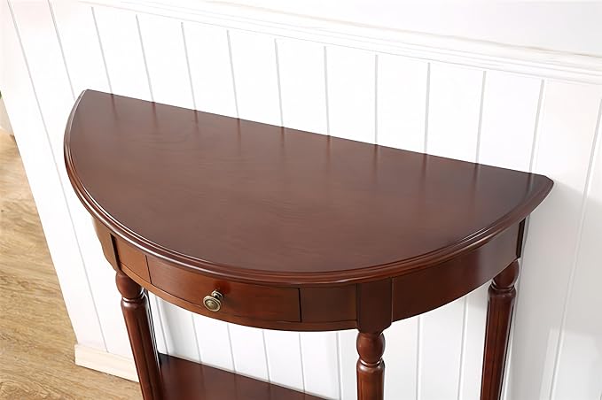 Solid Wood Console Table with Drawer, Semi-Circle Entryway Storage Shelf, Half-Moon Porch Table Side Elegant Vintage Sofa for Living Room (Walnut-Colored (39.4" L x 15.7" W x 34.4" H))