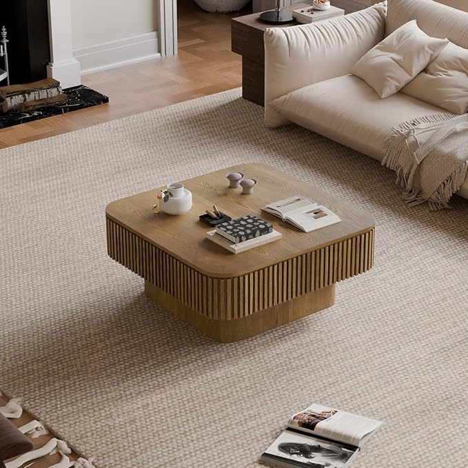 31.5'' Small Square Coffee Table with Storage, Fluted Coffee Table with Solid Wood Veneered, Mid Century Modern Wooden Center Table, Accent Tea Table for Small Space Living Room Apartment, Brown
