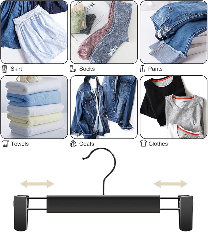 Clothes Pants Hangers, Space-Saving Skirt Holders with 360 ° Swivel Hooks, Adjustable Clips, Trouser Hangers, Clothes Coat Garment Jeans Hangers (20 Pack, Black)