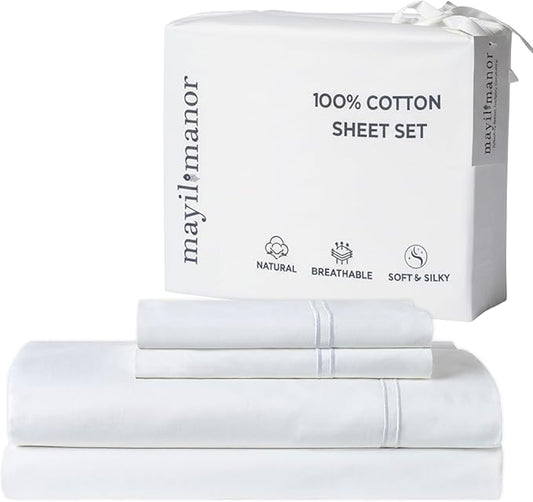 100% Natural Cotton Bed Sheets | 500 TC Single-Ply Sateen Weave King Size Sheets Set | Breathable & Hypoallergenic Solid 4-Piece Bedding with Deep Pocket Fitted, Flat, Pillowcase | White