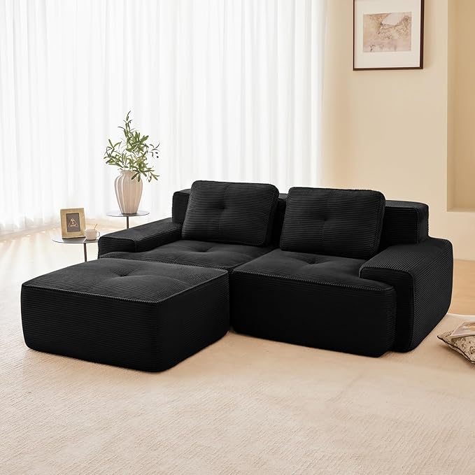 80" Modern Corduroy Boneless Love Seat Couches with 1 Ottoman, 2 Seater Large Sectional Couches for Living Room, Black Cloud Modular Sectional Sofa, Memory Foam, Extra Deep Loveseat, No Assembly