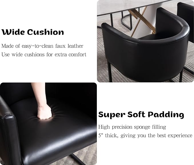 Faux Leather Dining Chairs Set of 6 Modern Barrel Arm Chairs with Black Metal Frame, Upholstered Kitchen Chairs 18.5" Wide Accent Chairs for Living Room Dining Room Restaurant, Black