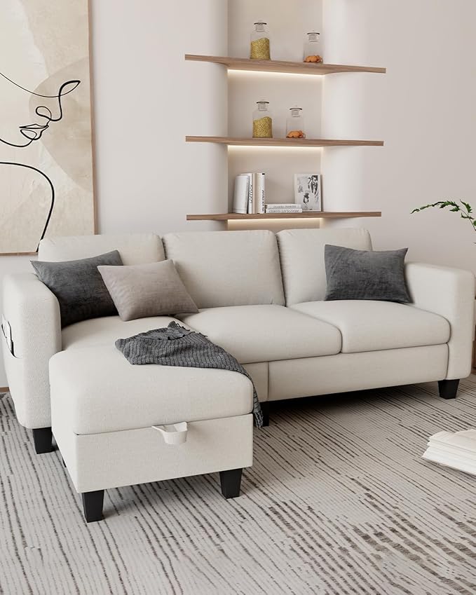 Sectional and Sofa Couches for Living Room, Linen 3-Seat L-Shaped Sofa with Storage Ottoman, Pet-Friendly Washable Fabric, Convertible Couches for Small Apartments, Bedroom, Office