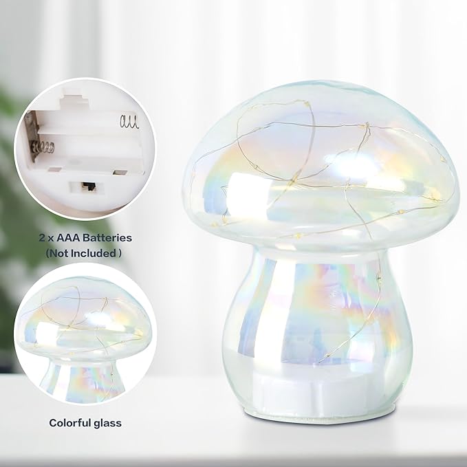 Glass Mushroom Table Lamp, 5.9" Cute LED Night Light for Home Decor, Battery Operated (3 AA), Modern Ambient Light for Living Room Bedroom Office Clear