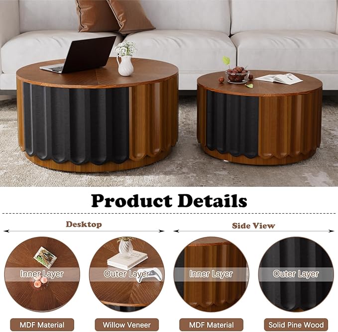 Nesting Coffee Table Set of 2 Modern Round Coffee Table with Non-Slip Feet, Wooden Circle Accent Tables Contemporary Drum Side Table End Table for Living Room Bedroom (Brown 26.8"+19.7")