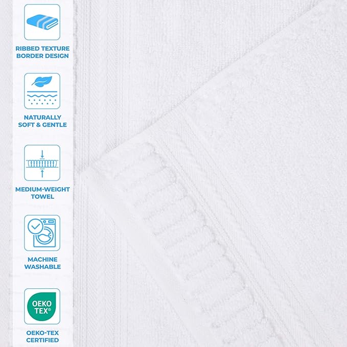 Superior Venice Zero Twist Cotton Medium Weight Towels, for Kitchen, Bathroom, Shower, Spa, Plush Towels, Bath Essentials, Ribbed Textured Border, Absorbent Hand Towels, Set of 6, White