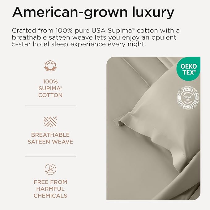 Threadmill Sheets for Twin XL Mattress | 600 Thread Count Twin XL Bed Sheets Set with 15” Deep Pocket | Sateen Weave 3-Piece Bedding Set with Cooling Effect | Taupe