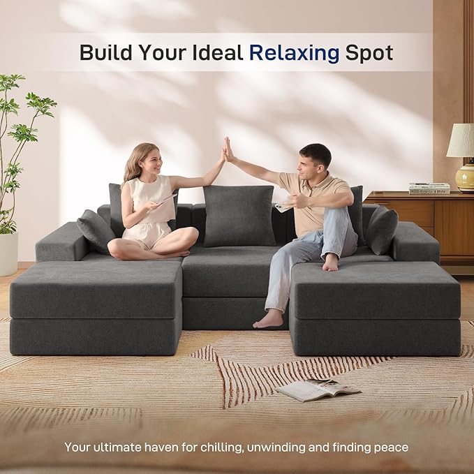 Living&Giving 101" U-Shaped Cloud Sectional Couch for Living Room, Cloud Boneless Couch-No Assembly with Reversible Chaise, Customizable 3-Seat Modular Sectional Sofa with 2 Ottoman,Dark Grey