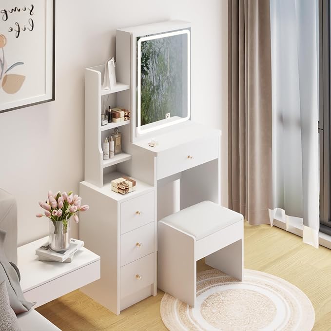 Makeup Vanity Desk Set with LED Lights and Chair, Compact Vanity Desk with Storage Shelves, 4 Drawers, Small Space Vanities with 3 Adjustable Lighted Mirror for Bedroom, White