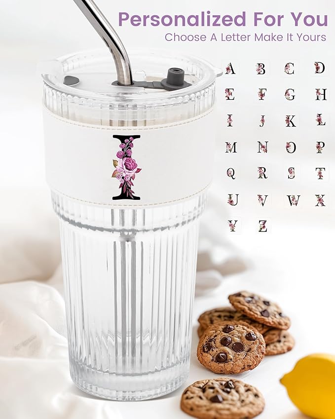 Monogram Glass Cup with Lid Straw Ribbed Ice Tea Coffee Matcha Latte Tumbler Flight Attendant Pet Hairdresse Caregiver Musicians Dancer Cheerleaders Hairstylist Musician Stylist Gift Nanny Hair I