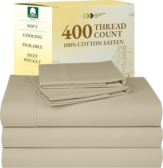 California Design Den Split King Sheets Sets for Adjustable Bed - Soft 400 Thread Count Sateen Natural 100% Cotton Sheets, Deep Pockets, Breathable, Cooling & Durable Bedding Set - Beige (Golden Tone)