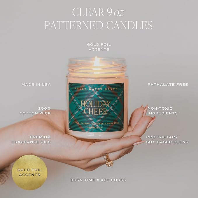 Sweet Water Decor Christmas Tree Candle - Spruce, Pine Needles and Evergreen Candles Scented Soy Candles for Home - Christmas Candle Gold Foil Pattern 9oz Clear Jar, 40 Hour Burn Time, Made in the USA