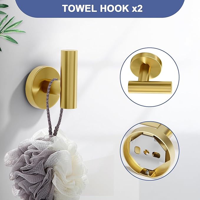 Brushed Gold Bathroom Hardware Set, 18 Inch SUS304 Stainless Steel Bath Towel Bar Set, Bathroom Accessories Set, Towel Rack, Towel Ring, Toilet Paper Holder, Robe Towel Hooks, 5-Pieces