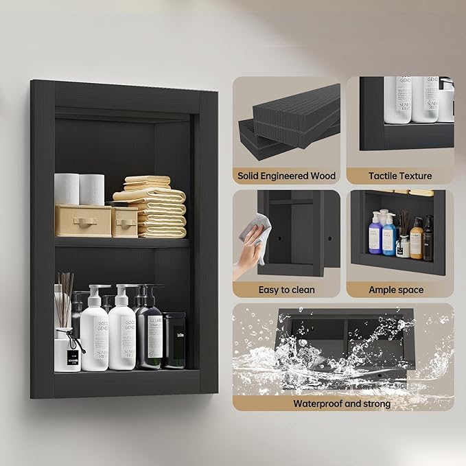 Recessed Medicine Cabinet, 14x18 Wood Recessed Wall Niche Medicine Cabinet Replacement, Water-Proof Wall Niche for Bathroom/Hallway, Black