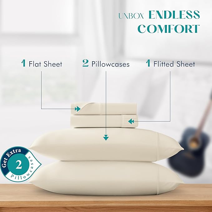 XOOX Linen 100% Egyptian Cotton Sheets California King Size - 1200 Thread Count 4 PC Cal King Sheet Egyptian Cotton, Cooling Sateen Sheet, High Thread Count Sheets California King - Ivory
