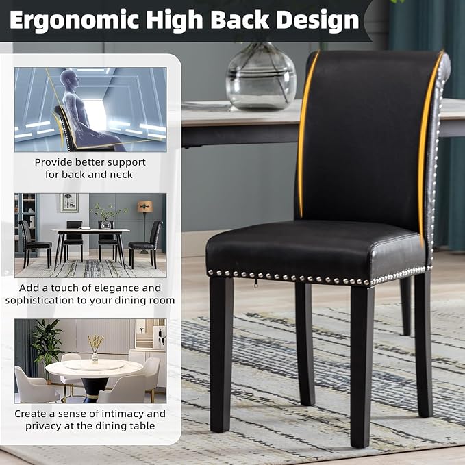 Westice Dining Room Chairs Set of 6 Upholstered PU Leather Kitchen Chairs Dining Room Side Chair with Nailhead Trim and Rubber Wood Legs for Small Space Apartment, Black