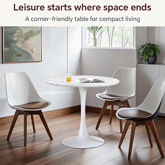 Small Space 31.5 Inch White Faux Marble Round Tulip Dining Table - Mid Century Pedestal Base Kitchen Table for 2-4 People - Easy Assembly & Easy to Clean