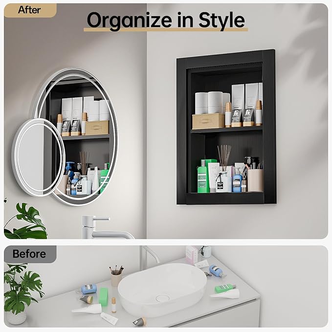 Recessed Medicine Cabinet, 14x18 Wood Recessed Wall Niche Medicine Cabinet Replacement, Water-Proof Wall Niche for Bathroom/Hallway, Black