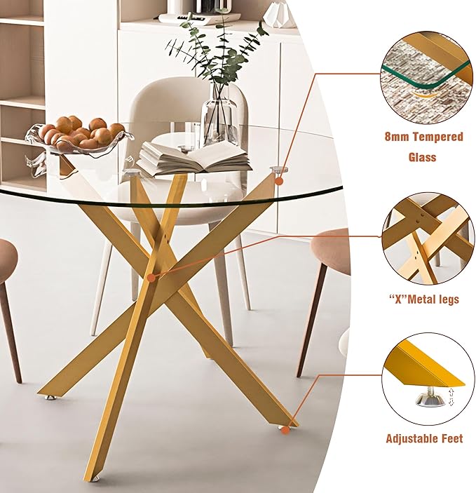 47.24" Round Glass Dining Room Table for 6 with Tempered Glass Top and Gold Metal Legs, Modern Clear Kitchen and Dinner Table for Home Office Dining Room