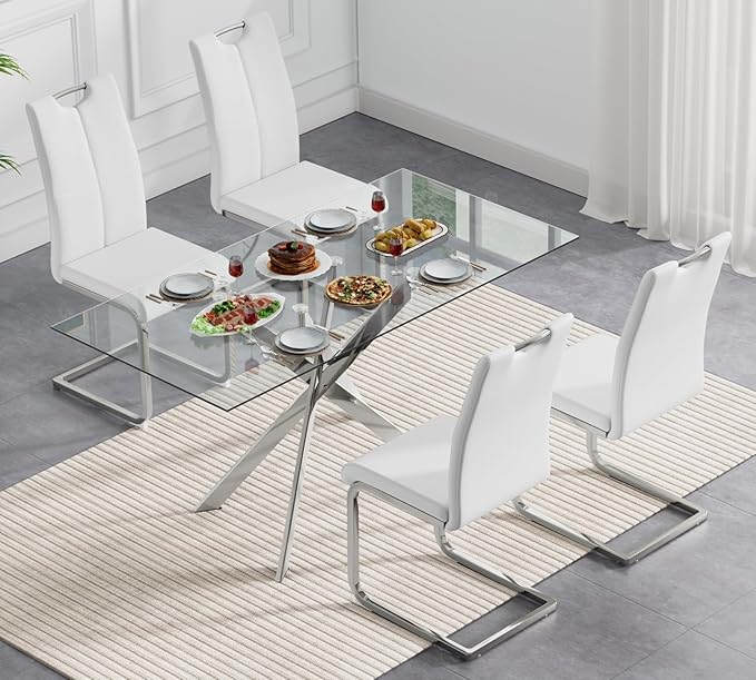 Goujxcy Modern Glass Dining Table Set for 4, Glass Silver Kitchen Table and Chairs Set, 5 Piece Dining Room Table Set with 51" Rectangle Dinner Table and 4 White Leather Dining Chairs