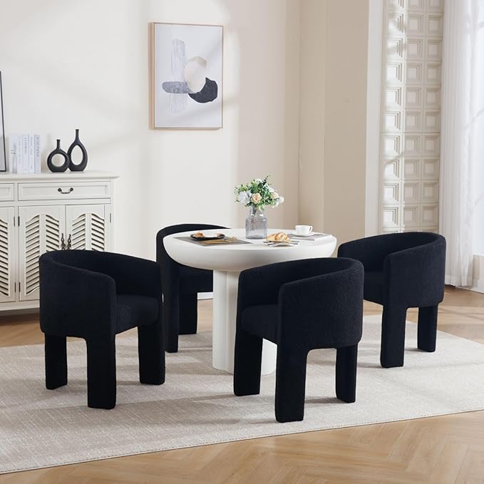 Modern Sherpa Barrel Dining Chairs Set of 8, Upholstered Boucle Dining Chairs Accent Chairs with Arms Comfy Makeup Vanity Chairs, Dining Living Room Kitchen Chairs, Black