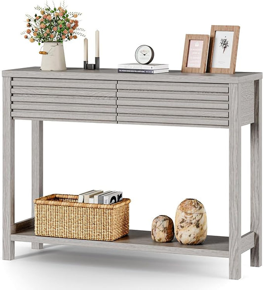 EAG 40" Fluted Console Table with 2 Drawers, Modern Wood 2 Tier Entryway Table with Storage Shelf, Narrow Sofa Tables Behind Couch for Entrance Foyer, Hallway, Living Room, Gray