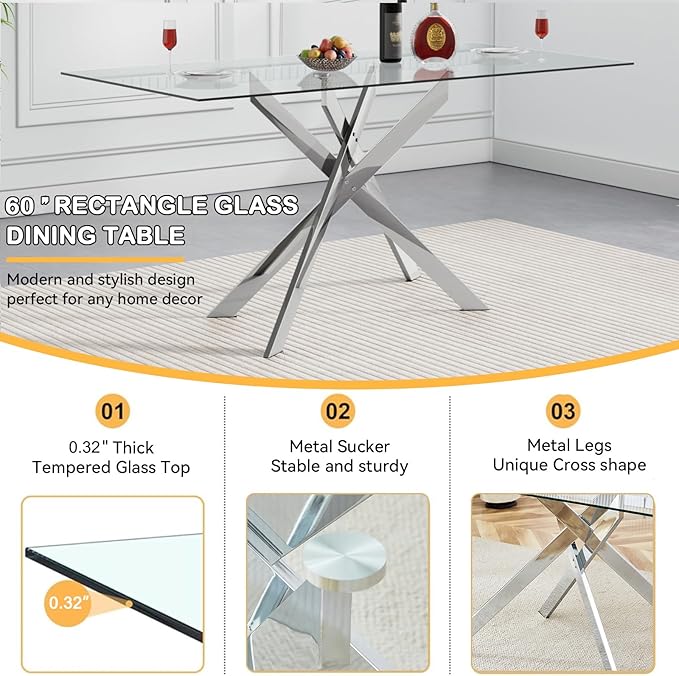 Modern Glass Dining Table Set for 4, Silver Glass Kitchen Table and Chairs Set of 4, 5 Piece Dining Room Table Set with 61" Rectangular Metal Glass Dinner Table and 4 Black Leather Dining Chairs