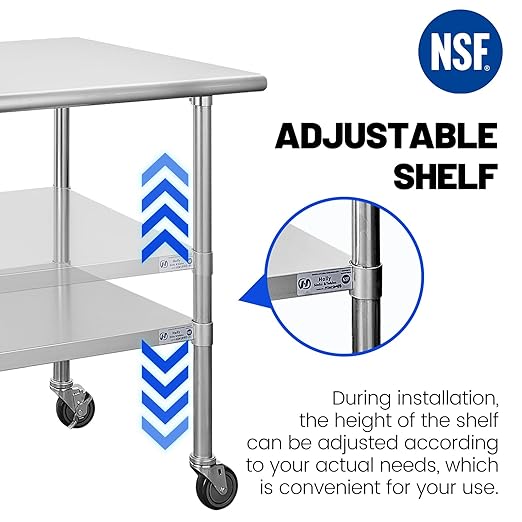 Hally Stainless Steel Table for Prep & Work 30 x 60 Inches with Caster Wheels, NSF Commercial Heavy Duty Table with Undershelf and Galvanized Legs for Restaurant, Home and Hotel