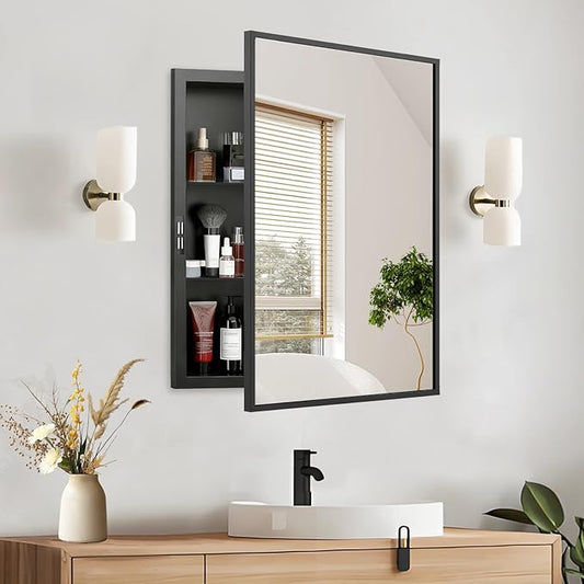 Recessed Medicine Cabinet with Mirror 16x20 inch, Mirrored Medicine Cabinets for Bathroom, Black Bathroom Mirror with Storage, Metal Medicine Cabinet with Mirror, 2 Adjustable Metal Shelves