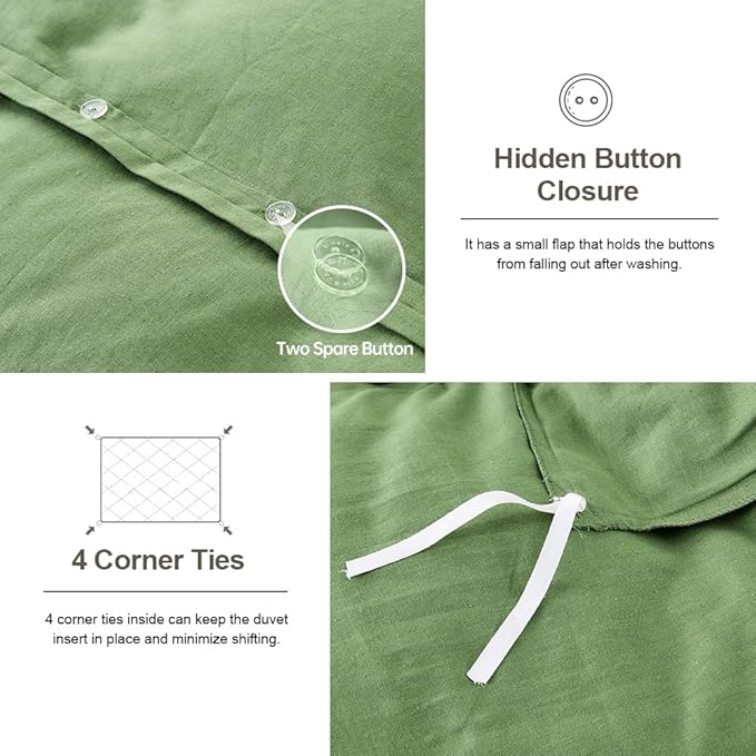 Simple&Opulence French Linen Duvet Cover Set- 104"x 92" - 3 Pieces (1 Comforter Cover,2 Pillowcases)-Natural Flax Cotton Blend-Solid Color Breathable Farmhouse Bedding - Khaki Green, King