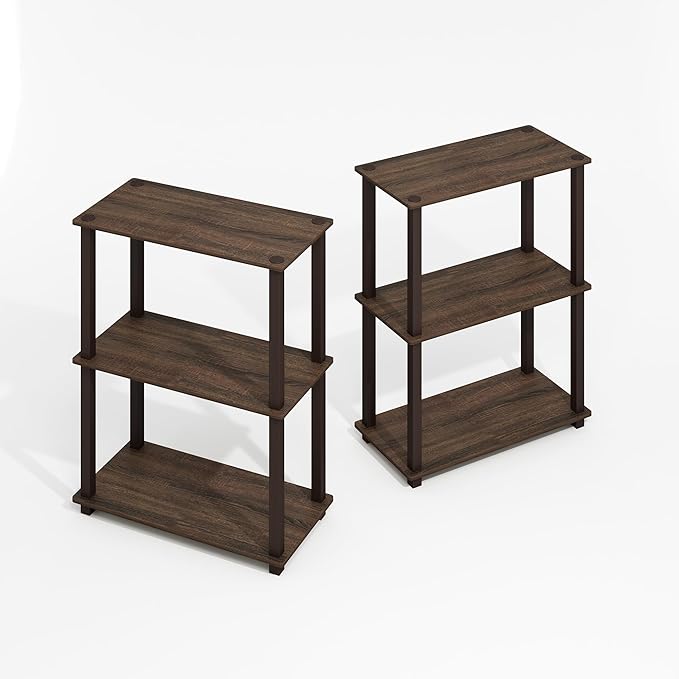 Furinno Turn-S-Tube Storage Shelves Set of 2, 3-Tier Book Shelf, Corner Shelf, Toolless Open Shelves, Square Tubes, for Organization and Storage, Living Room, Garage, Home Office, Black Walnut