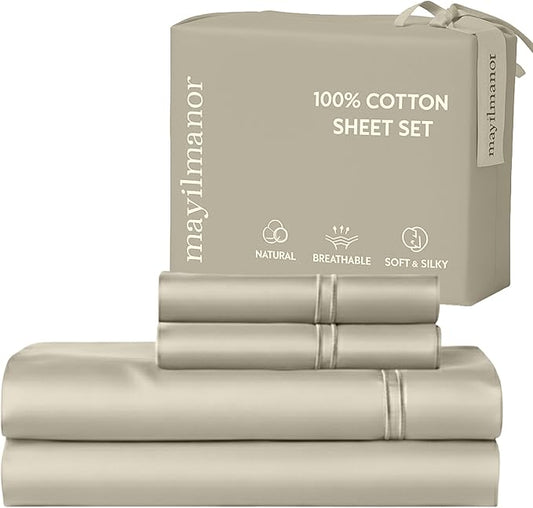 100% Natural Cotton Bed Sheets | 500 TC Single-Ply Sateen Weave Cal King Sheet Set | Soft & Hypoallergenic Solid 4-Piece Bedding with Deep Pocket Fitted, Flat, Pillowcase | Cream Beige