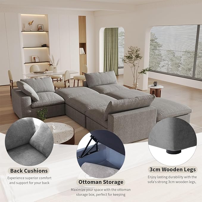 Cloud Modular Sectional Sofa Couch,120.45" U Shaped Convertible Couches with Storage Ottoman for Living Room,Minimalist Deep Sofa Couches,Sofa Covers Washable&Replaceable