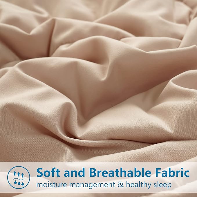 EASELAND King Size Down Alternative Comforter - Quilted Duvet Insert for All Seasons, Soft Lightweight with Corner Tabs, Summer Winter Warm Bedding, Beige 90x102 Inches