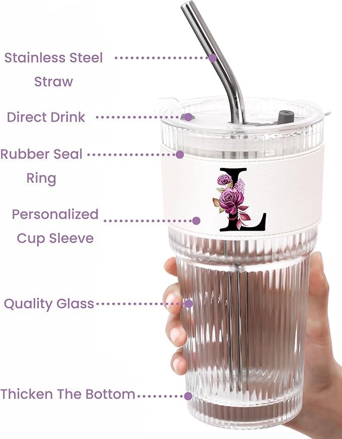 Letter Glass Cup with Lid Straw Ribbed Ice Tea Coffee Cute Stuff Brides Matcha Latte Clear Tumbler Wedding Her Day Bridal Shower Bachelorette Party Engaged Engagement Personalized Customized Gift L