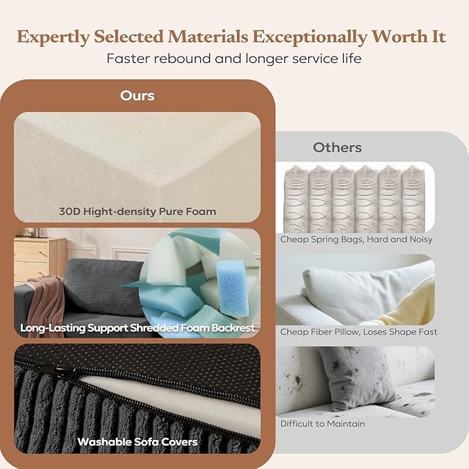 106" 3-Seater Sofa, Cloud Modular Sofa with Certified Foam, Upholstered Floor Sofa with Deep Seat, Upholstered Sofa for Bedroom Living Room, No Assembly Required (Corduroy Fabric, Grey)
