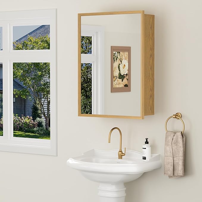 16x24 Inch Wood Medicine Cabinet with Mirror, Surface or Recessed Mounted Bathroom Cabinets with Adjustable Shelves, Soft-Close Hinges, Wall Mounted Cabinet for Storage, Oak-Grain