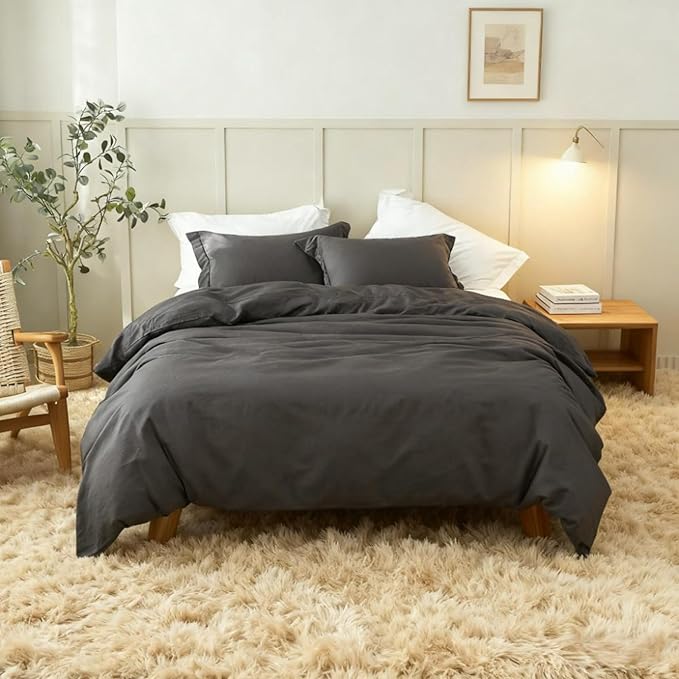 Simple&Opulence French Linen Duvet Cover Set 78" x 86"- 3 Pieces (1 Comforter Cover,2 Pillowcases)- Natural Flax Cotton Blend-Solid Color Breathable Farmhouse Bedding-Charcoal Grey, Full
