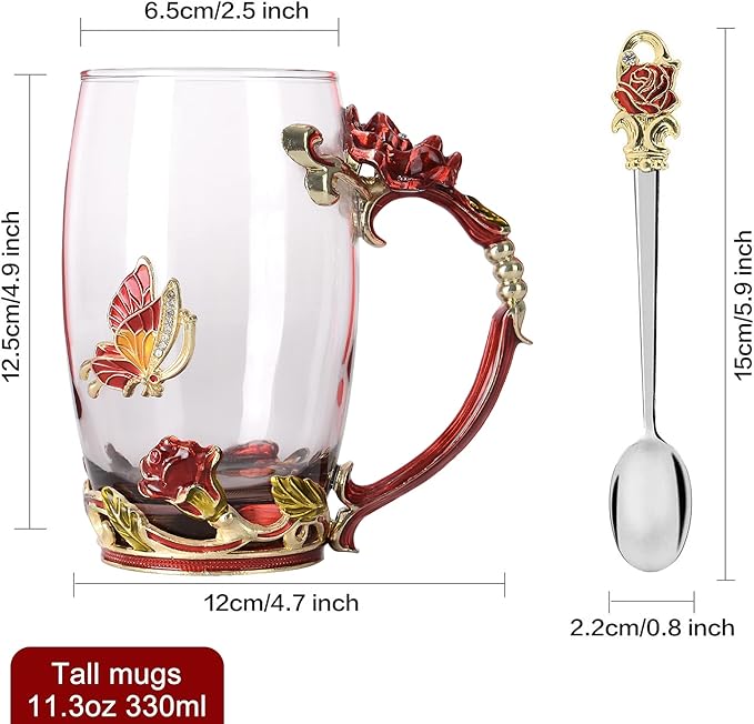 Glass Coffee Mugs Flower Butterfly Tea Cup with Spoon and Box, Personalized Gifts for Mothers Day Gift, Women, Wife and Girlfriends (11oz)