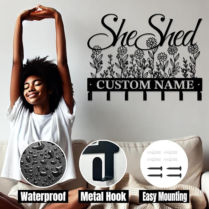 Personalized She Shed Keys Hooks,Custom Name Metal She Shed Art Keys Hooks,Metal She Shed Lover Wall Home Storage Decorative Keys Hooks,Key Holder Hooks for Wall (Style H)
