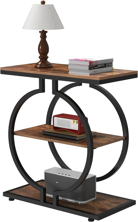 GiftGo Narrow End Table with O-Shaped Geometric Base Vintage Industrial Sofa Chair Side Table for Living Room Slim Nightstand for Bedroom Stylish Beside Table with 3 Storage Shelves (1, Rustic Brown)