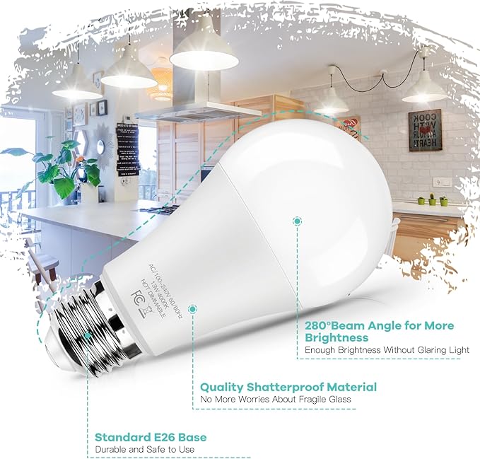 LED Light Bulbs 100W Equivalent 1500 Lumens, A19 13W 4000K Neutral White Non-Dimmable, Super Bright No Flicker Standard E26 Edison Screw Bulbs for Home, Bedroom, Office Lamp, 12-Pack