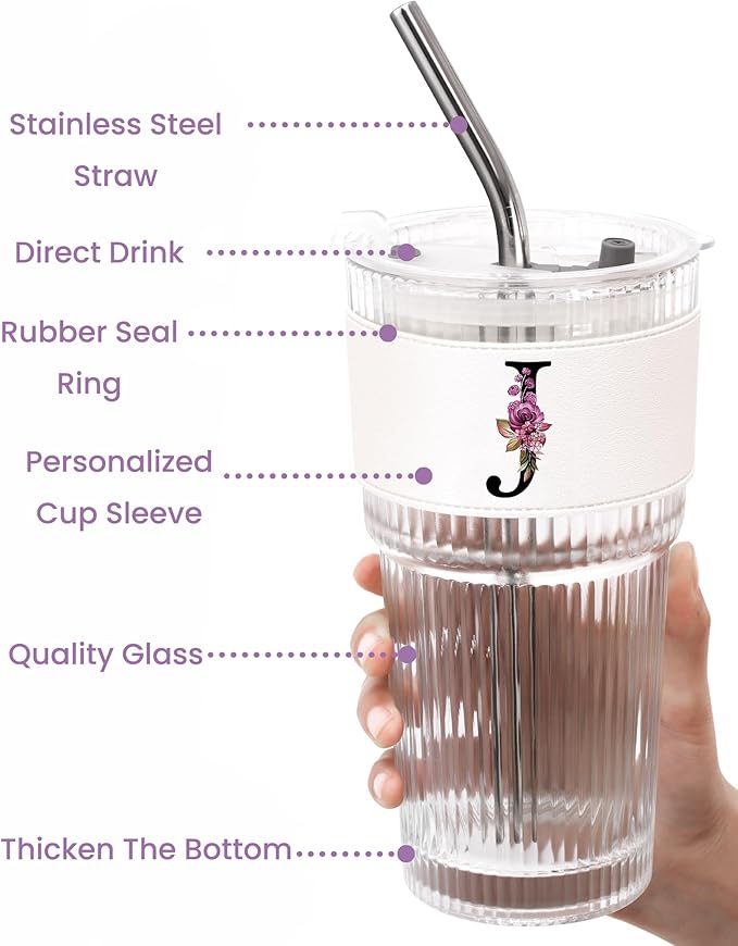 Letter Glass Cup with Lid Straw Ribbed Ice Tea Coffee Matcha Latte Clear Tumbler Cute Stuff Brides Wedding Her Day Bridal Shower Bachelorette Personalized Customized Gift Party Engaged Engagement J