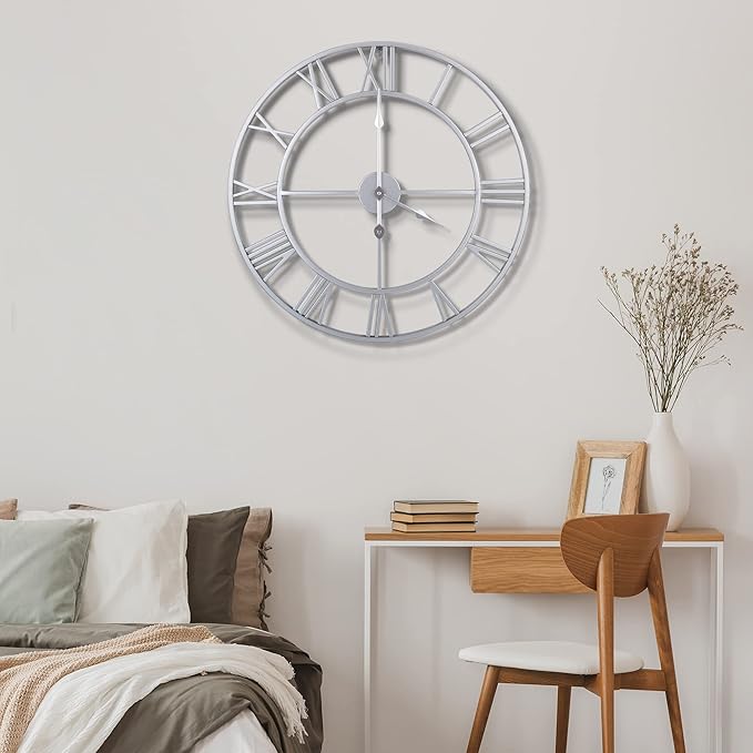 1st owned Large Wall Clock, Metal Retro Roman Numeral Clock, Modern Round Wall Clocks Almost Silent, Easy to Read for Living Room/Home/Kitchen/Bedroom/Office/School Decor (Silver, 24 Inch)